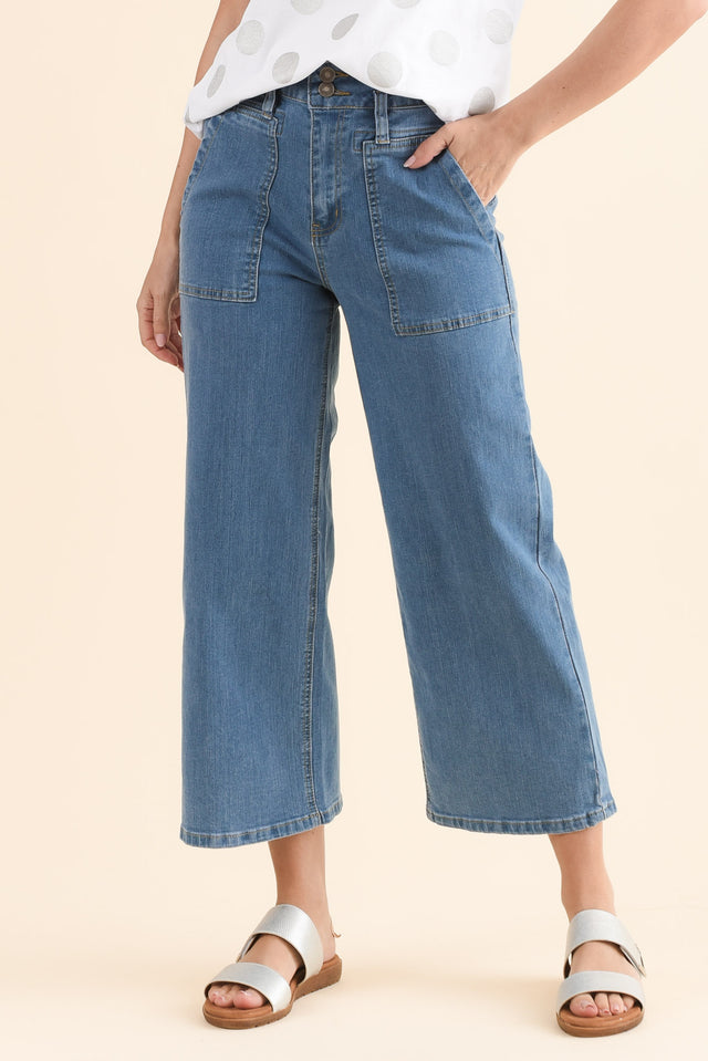 Sheridan Blue Denim Cropped Jeans,Front,Brunette model,alt text|model:MJ image 1