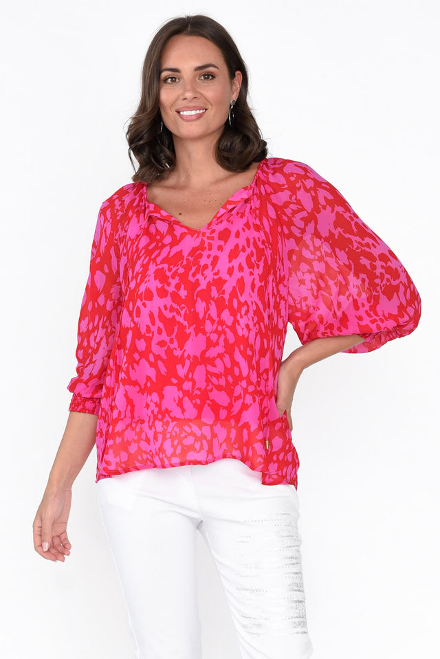 Shivers Pink Animal Shirred Sleeve Top neckline_V Neck  alt text|model:MJ;wearing:AU 8 / US 4