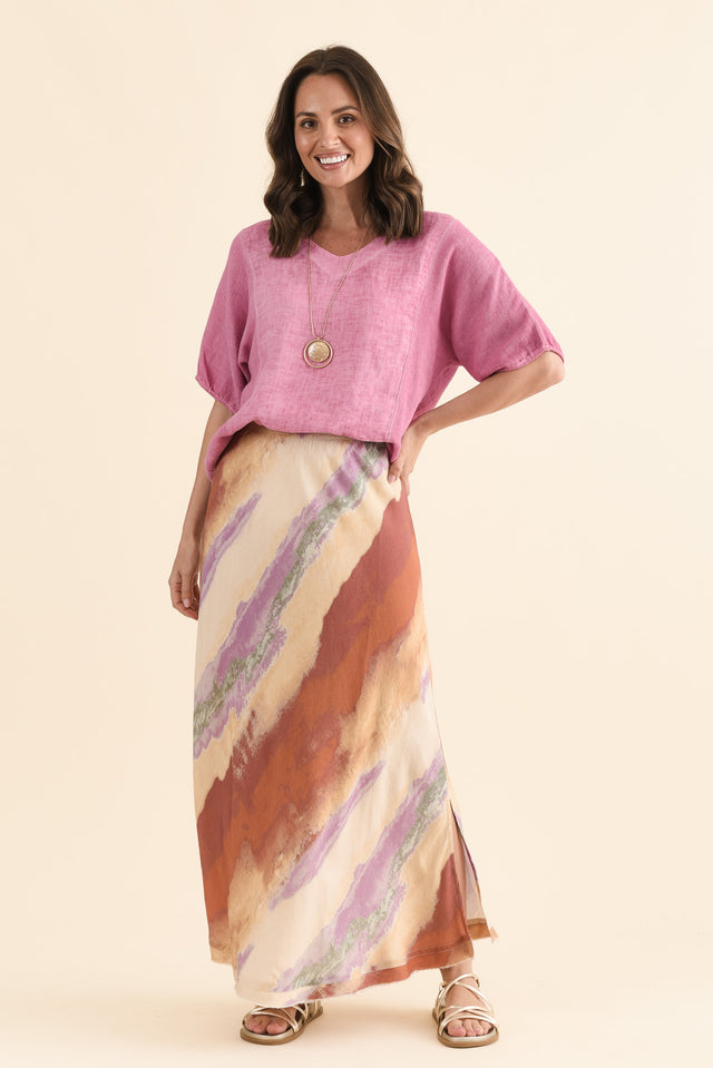 Sicily Rust Stripe Linen Blend Skirt,Full Body,Brunette model,alt text|model:MJ image 2