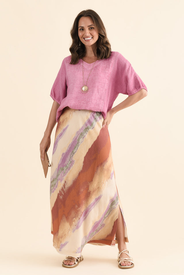 Sicily Rust Stripe Linen Blend Skirt,Full Body,Brunette model,alt text|model:MJ image 6