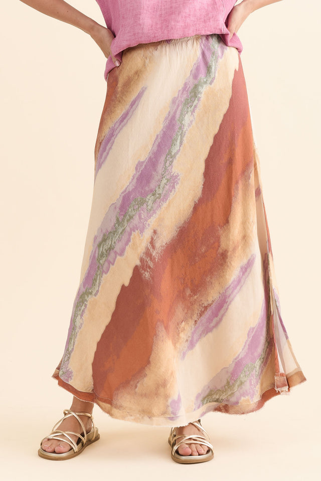 Sicily Rust Stripe Linen Blend Skirt,Front,Brunette model,alt text|model:MJ image 1