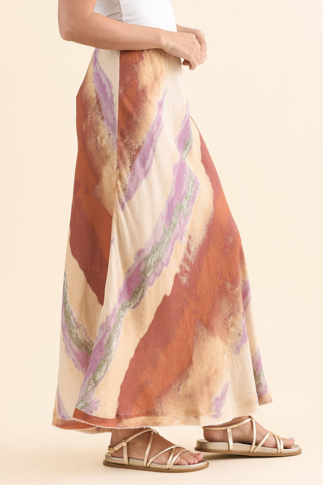 Sicily Rust Stripe Linen Blend Skirt,Side,Brunette model,alt text|model:MJ image 3