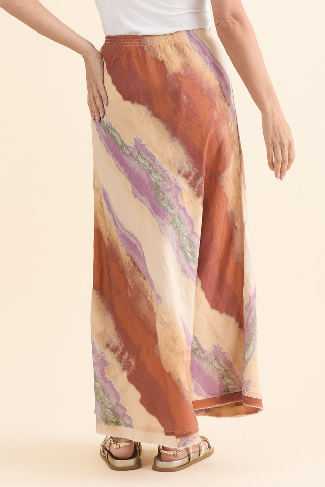 Sicily Rust Stripe Linen Blend Skirt,Back,Brunette model,alt text|model:MJ image 4