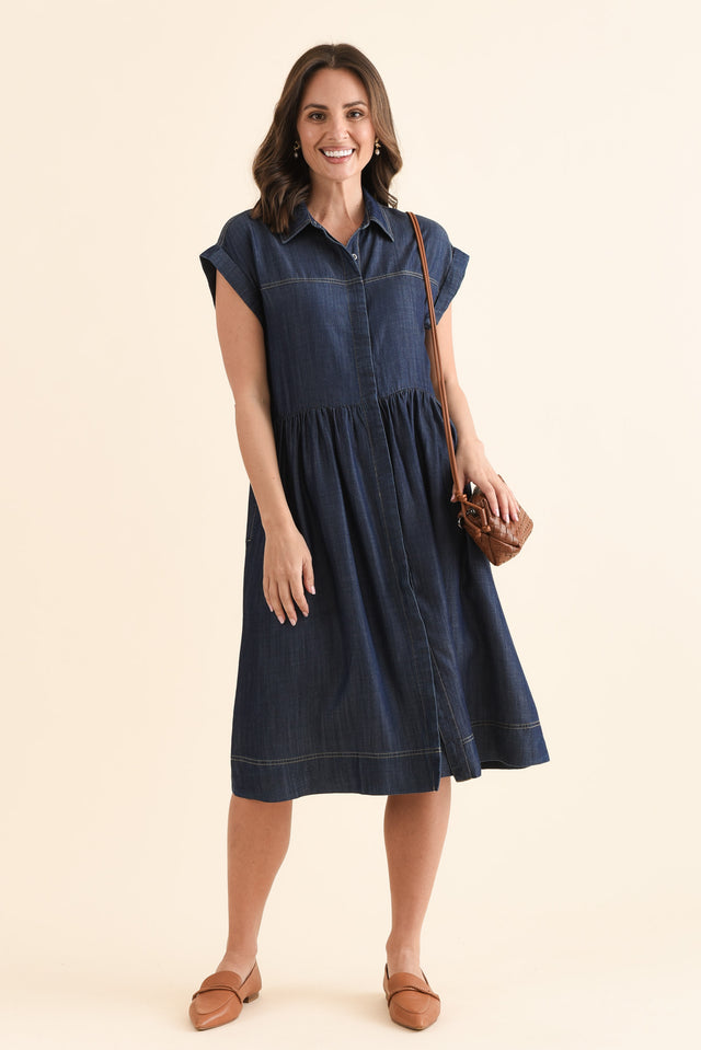 Sidra Dark Blue Denim Pocket Dress,Front,Brunette model,alt text|model:MJ image 1
