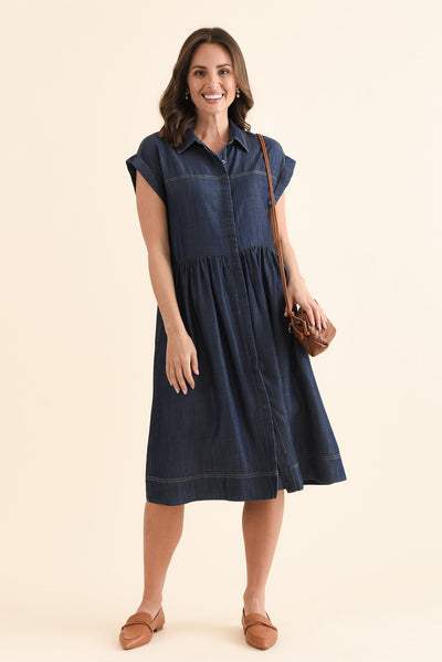 Sidra Dark Blue Denim Pocket Dress