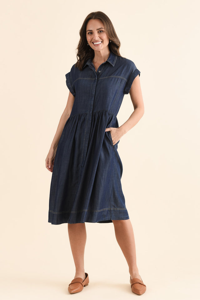 Sidra Dark Blue Denim Pocket Dress,Full Body,Brunette model,alt text|model:MJ image 2