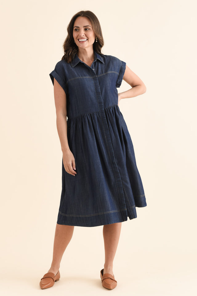 Sidra Dark Blue Denim Pocket Dress,Full Body,Brunette model,alt text|model:MJ image 6