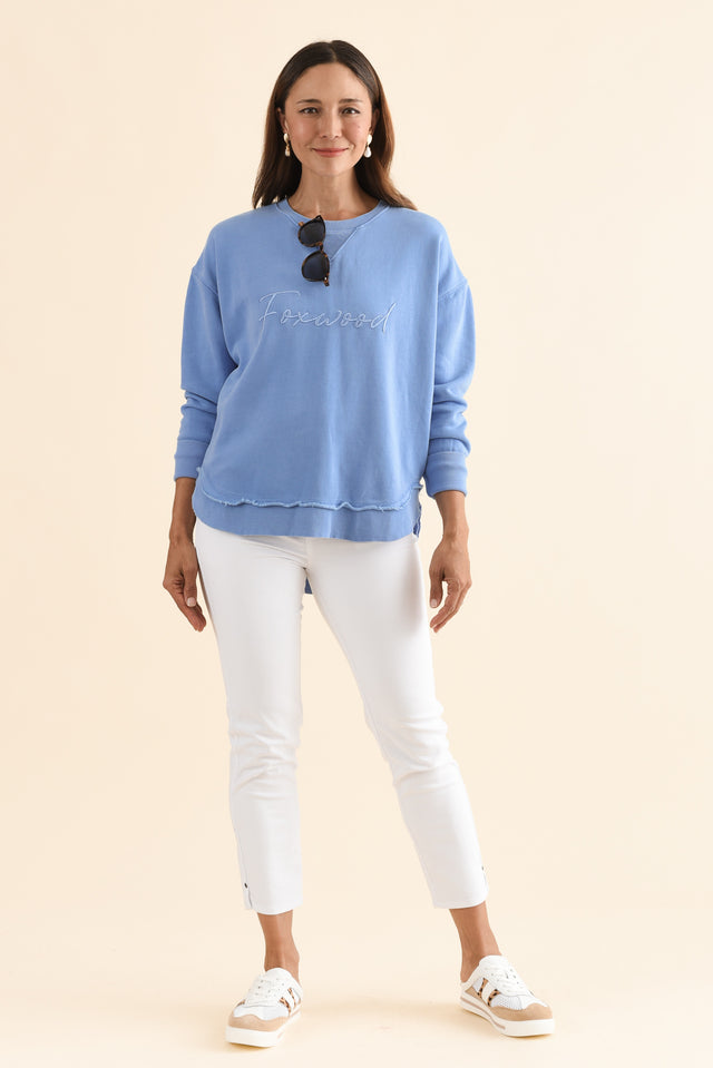 Signature Blue Cotton Crewneck Sweatshirt,Full Body,Brunette model,alt text|model:Cara