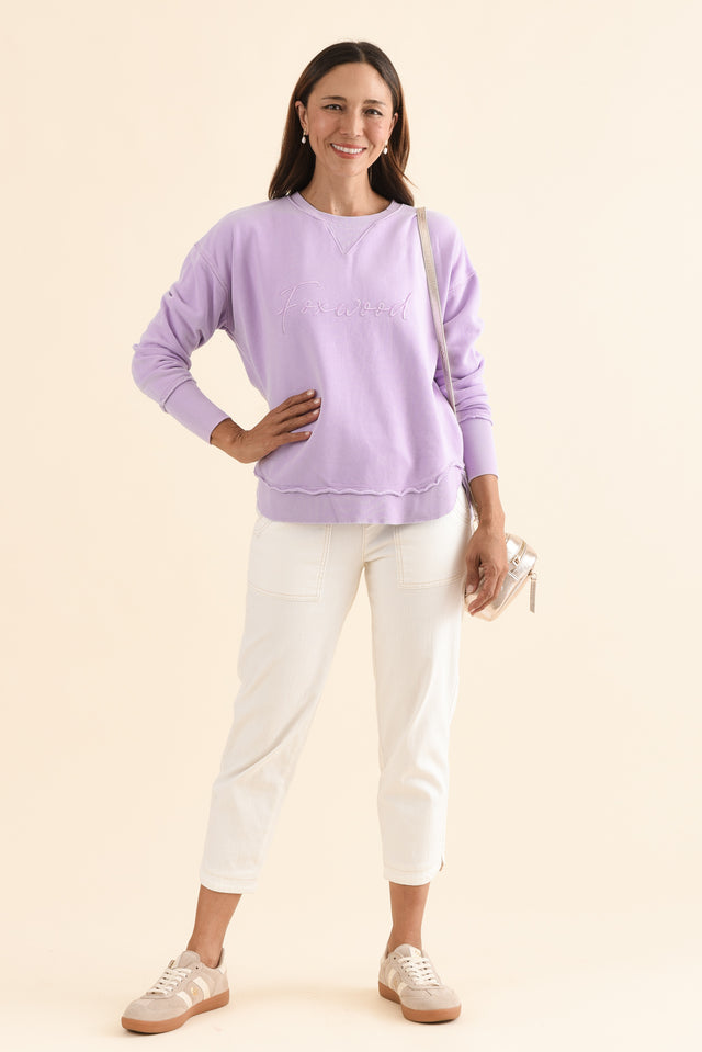 Signature Lilac Cotton Crewneck Sweatshirt,Full Body,Brunette model,alt text|model:Cara