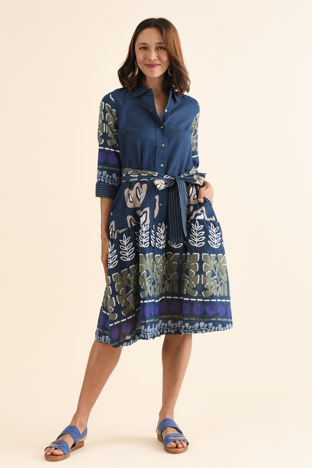 Sigrid Navy Motif Organic Cotton Tie Dress,Full Body,Brunette model,alt text|model:Cara image 2