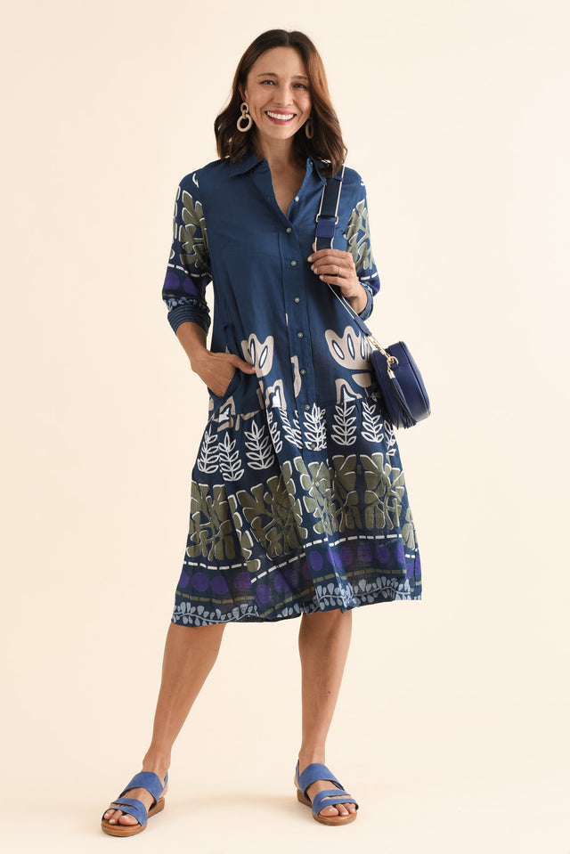 Sigrid Navy Motif Organic Cotton Tie Dress,Front,Brunette model,alt text|model:Cara image 1