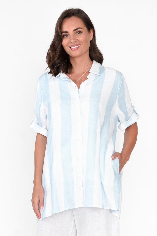 Simcha Blue Stripe Linen Cotton Shirt neckline_V Neck 