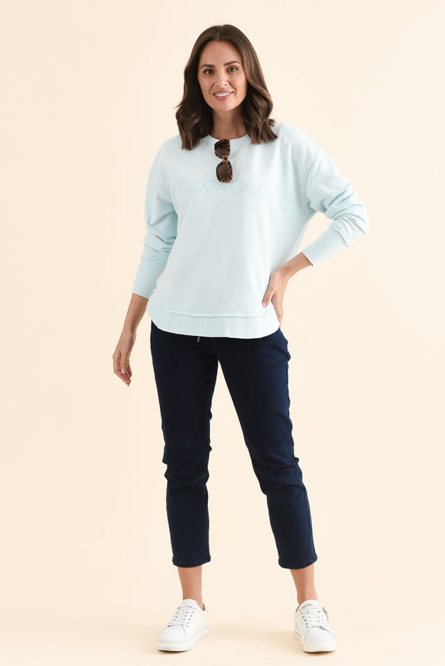 Simplified Blue Cotton Crewneck Sweatshirt,Full Body,Brunette model,alt text|model:MJ image 2