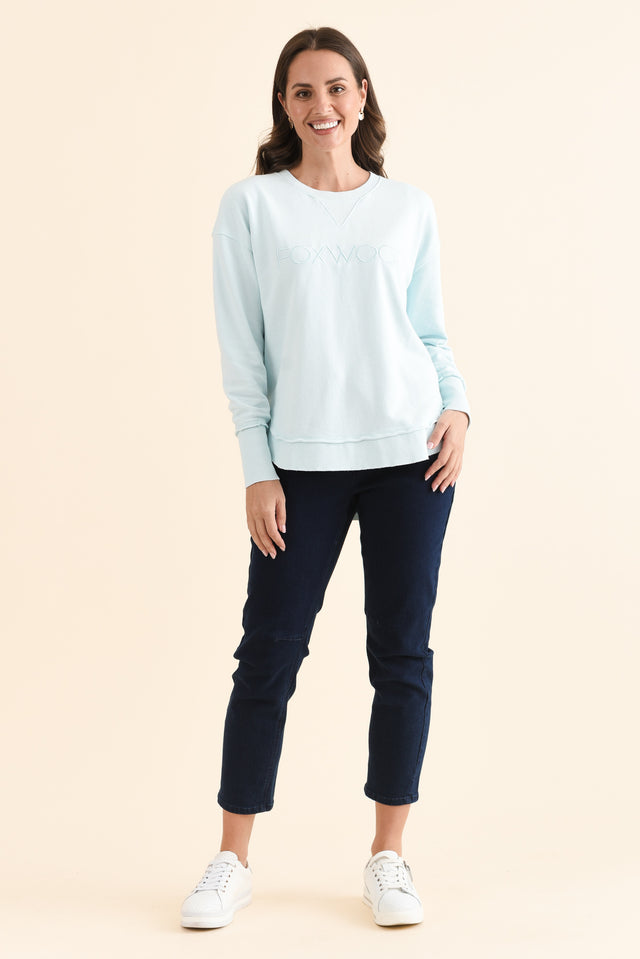 Simplified Blue Cotton Crewneck Sweatshirt,Full Body,Brunette model,alt text|model:MJ image 6