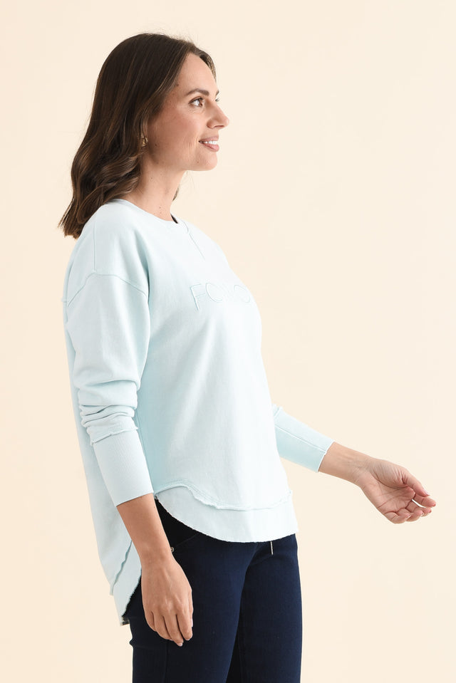 Simplified Blue Cotton Crewneck Sweatshirt,Side,Brunette model,alt text|model:MJ image 3