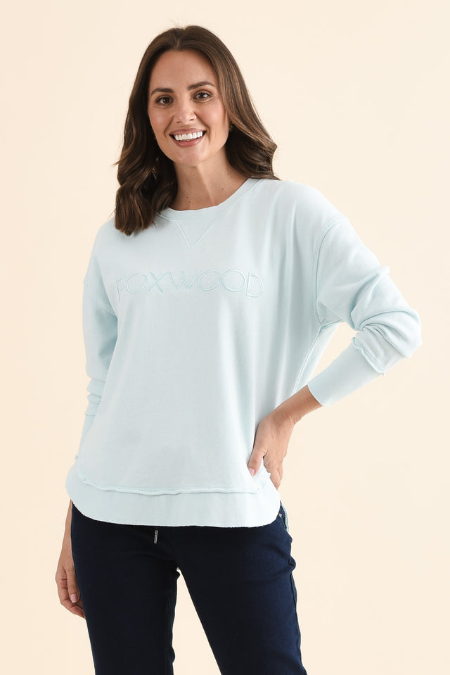 Simplified Blue Cotton Crewneck Sweatshirt,Front,Brunette model,alt text|model:MJ image 1