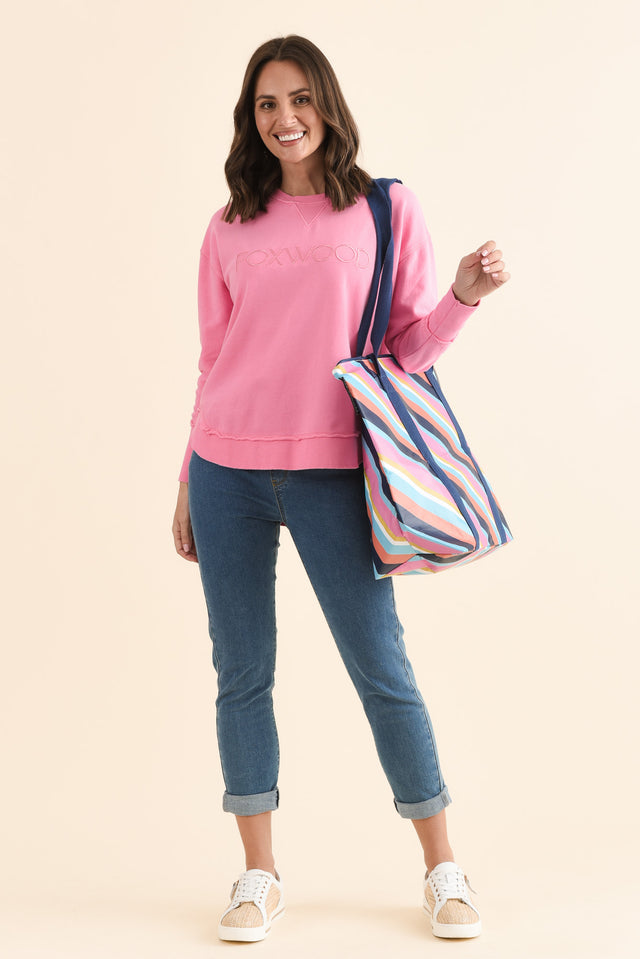Simplified Candy Pink Cotton Crewneck Sweatshirt,Full Body,Brunette model,alt text|model:MJ image 2