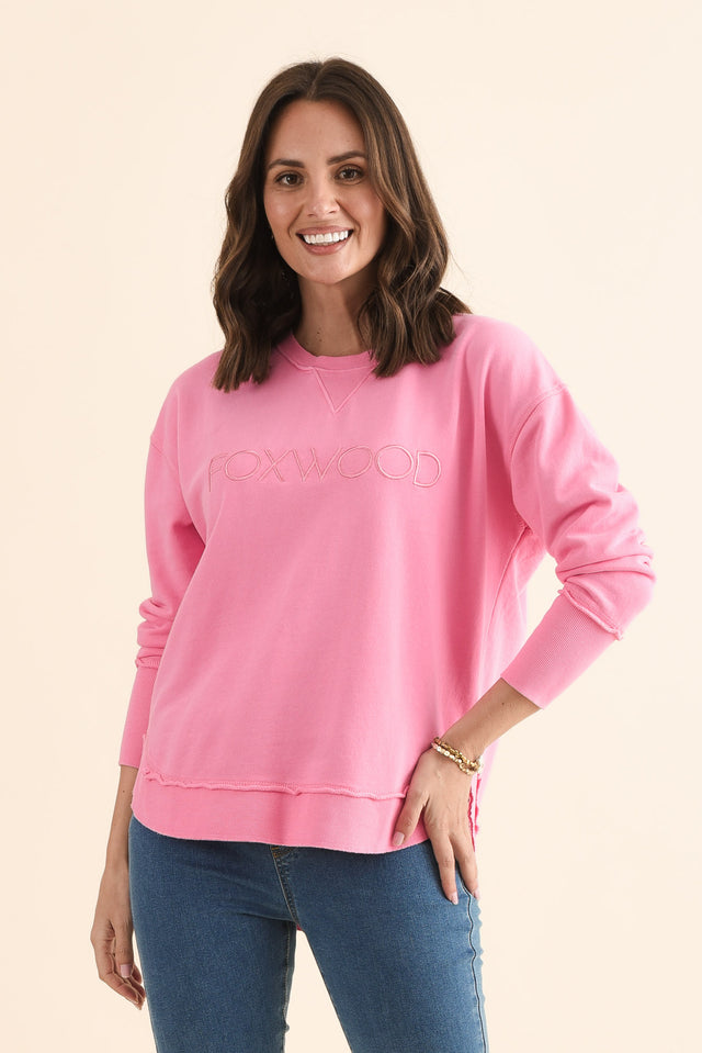 Simplified Candy Pink Cotton Crewneck Sweatshirt,Front,Brunette model,alt text|model:MJ image 1
