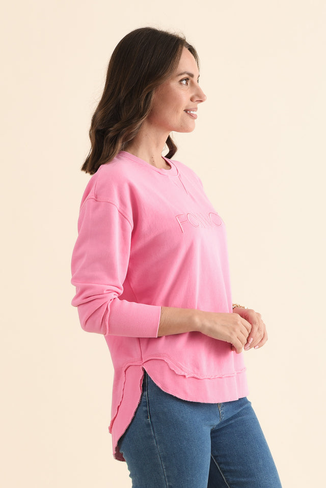Simplified Candy Pink Cotton Crewneck Sweatshirt,Side,Brunette model,alt text|model:MJ image 3