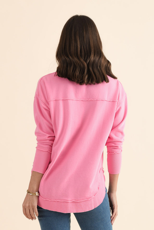 Simplified Candy Pink Cotton Crewneck Sweatshirt,Back,Brunette model,alt text|model:MJ image 4