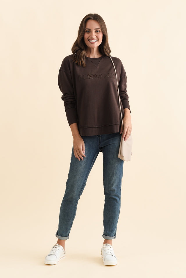 Simplified Chocolate Cotton Crewneck Sweatshirt,Brunette model,alt text|model:MJ image 3