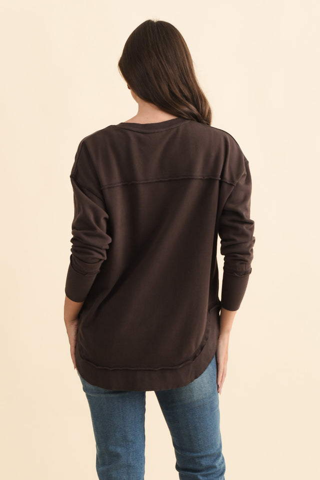 Simplified Chocolate Cotton Crewneck Sweatshirt,Brunette model,alt text|model:MJ image 5