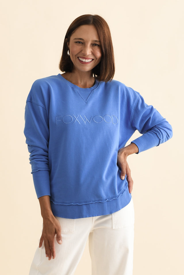 Simplified Cobalt Cotton Crewneck Sweatshirt,Brunette model,alt text|model:Cara image 3