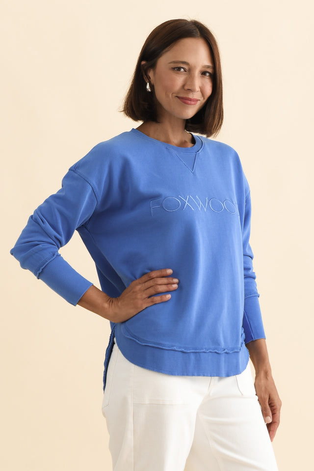 Simplified Cobalt Cotton Crewneck Sweatshirt,Brunette model,alt text|model:Cara image 6