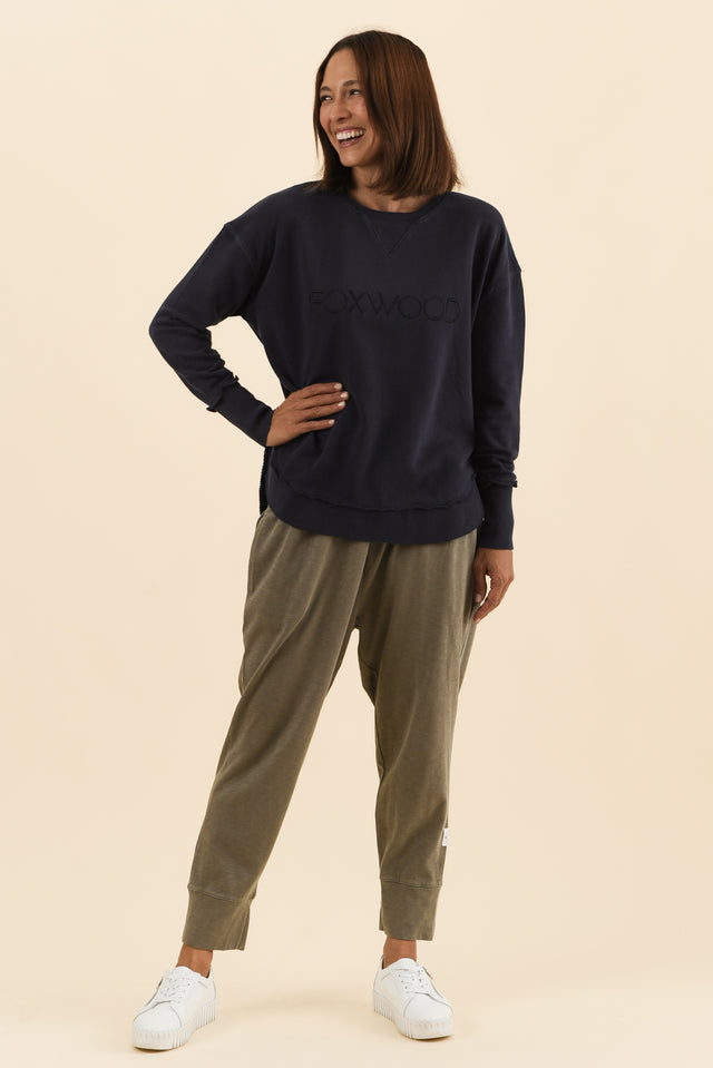 Simplified Navy Cotton Crewneck Sweatshirt,Full Body,Brunette model,alt text|model:Cara image 6