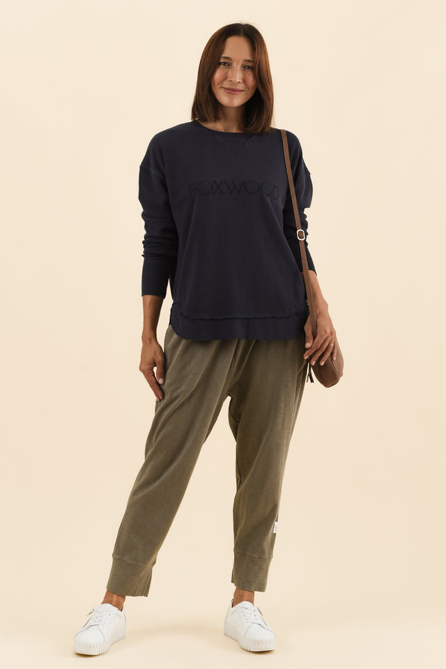 Simplified Navy Cotton Crewneck Sweatshirt,Full Body,Brunette model,alt text|model:Cara