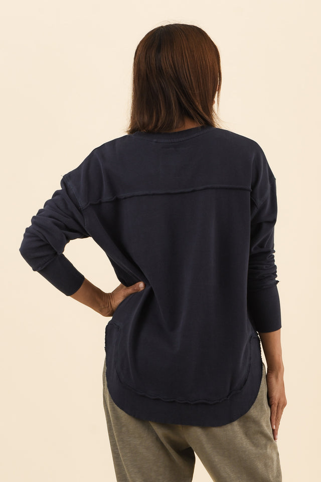 Simplified Navy Cotton Crewneck Sweatshirt,Back,Brunette model,alt text|model:Cara image 4