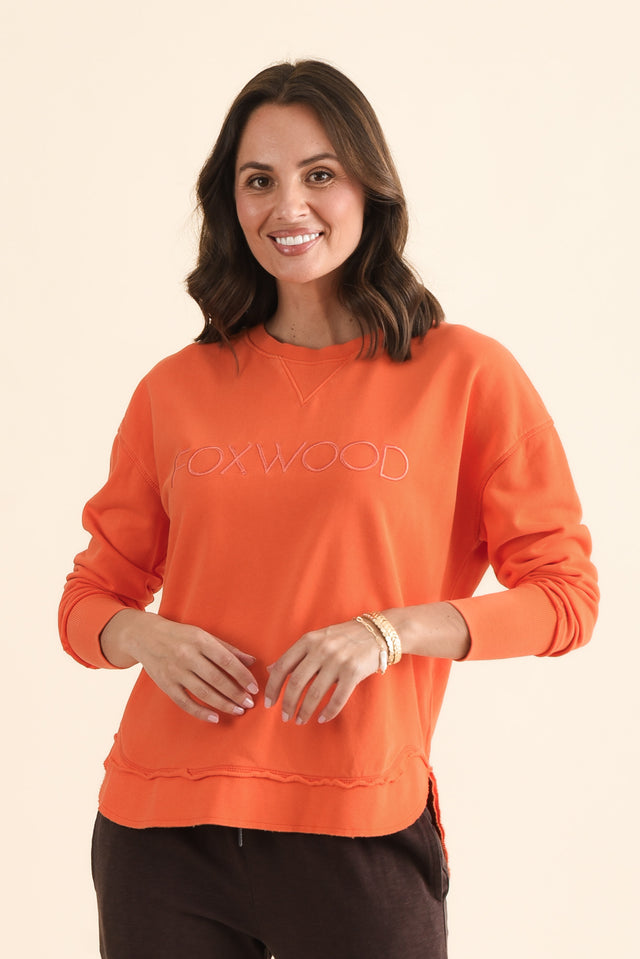 Simplified Orange Cotton Crewneck Sweatshirt,brunette model,Front of Outfit,alt text|model:MJ image 1
