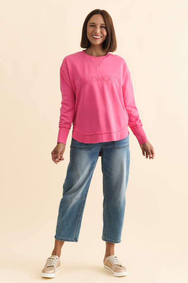 Simplified Pink Cotton Crewneck Sweatshirt,Brunette model,alt text|model:Cara image 5