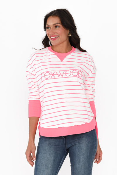 Simplified Pink Stripe Cotton Crewneck Sweatshirt