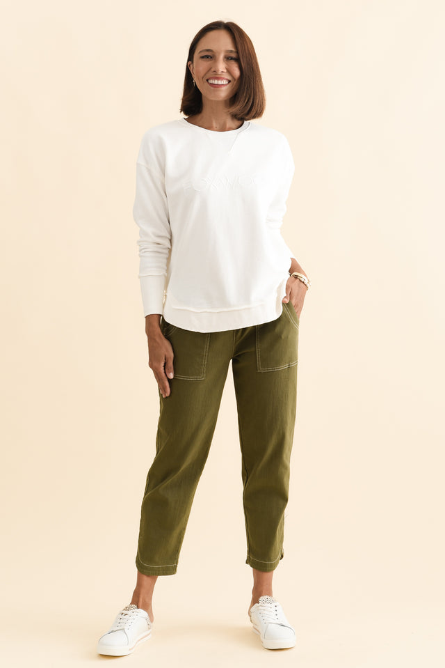 Simplified White Cotton Crewneck Sweatshirt,Brunette model,alt text|model:Cara image 6