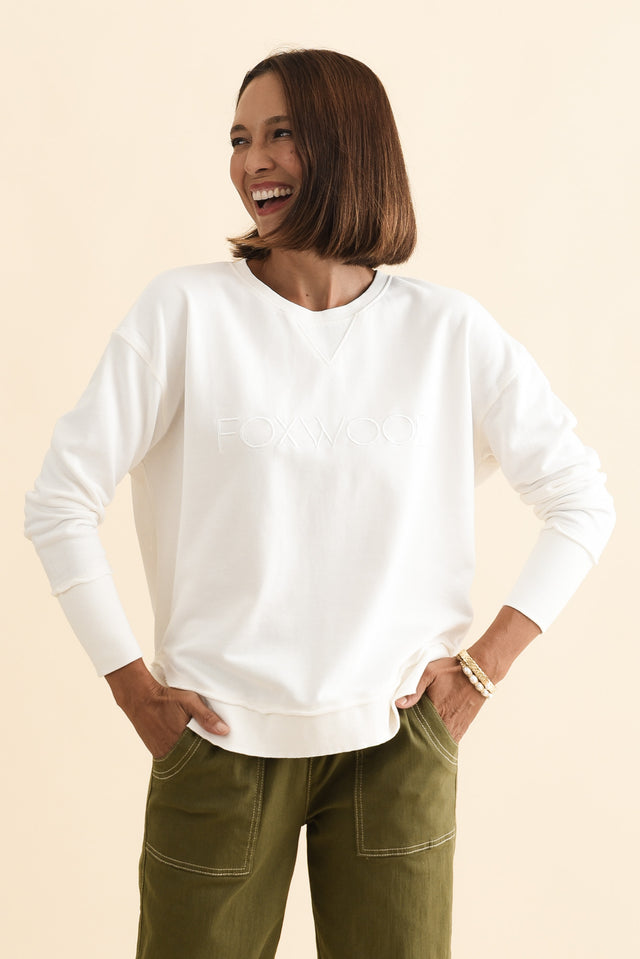 Simplified White Cotton Crewneck Sweatshirt,Brunette model,alt text|model:Cara image 3