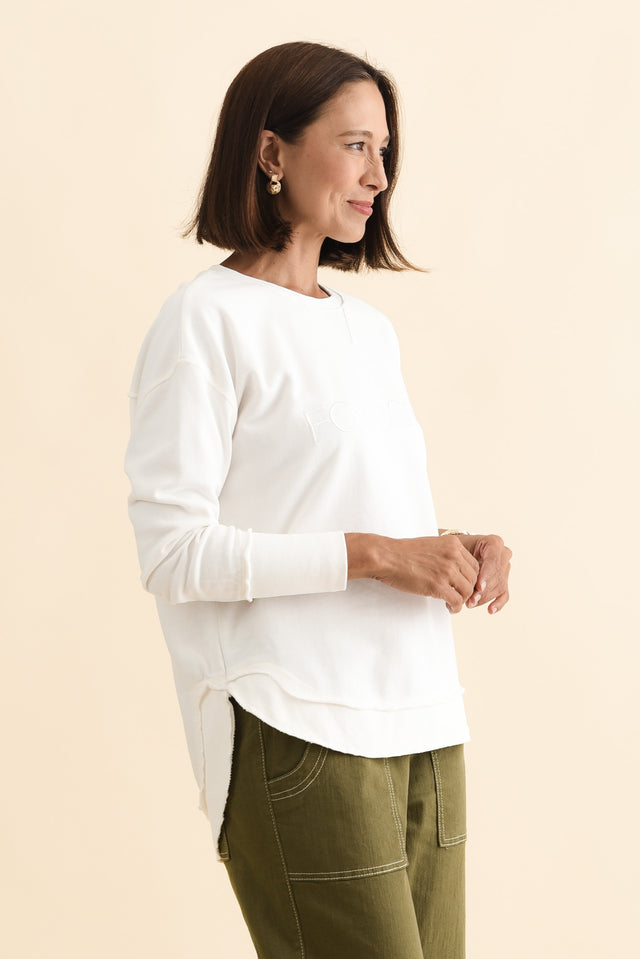 Simplified White Cotton Crewneck Sweatshirt,Brunette model,alt text|model:Cara image 7