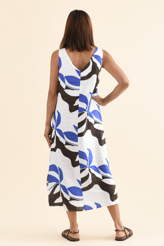 Sintra Blue Leaf Linen Sleeveless Dress,Back,Brunette model,alt text|model:Cara image 4