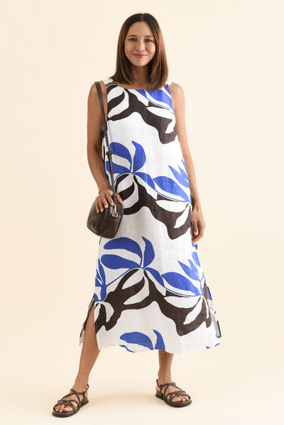 Sintra Blue Leaf Linen Sleeveless Dress