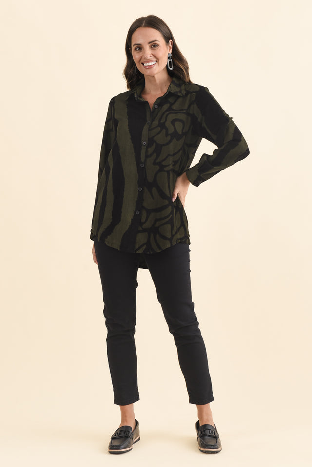 Sirah Olive Stripe Cotton Shirt,Brunette model,alt text|model:MJ image 6
