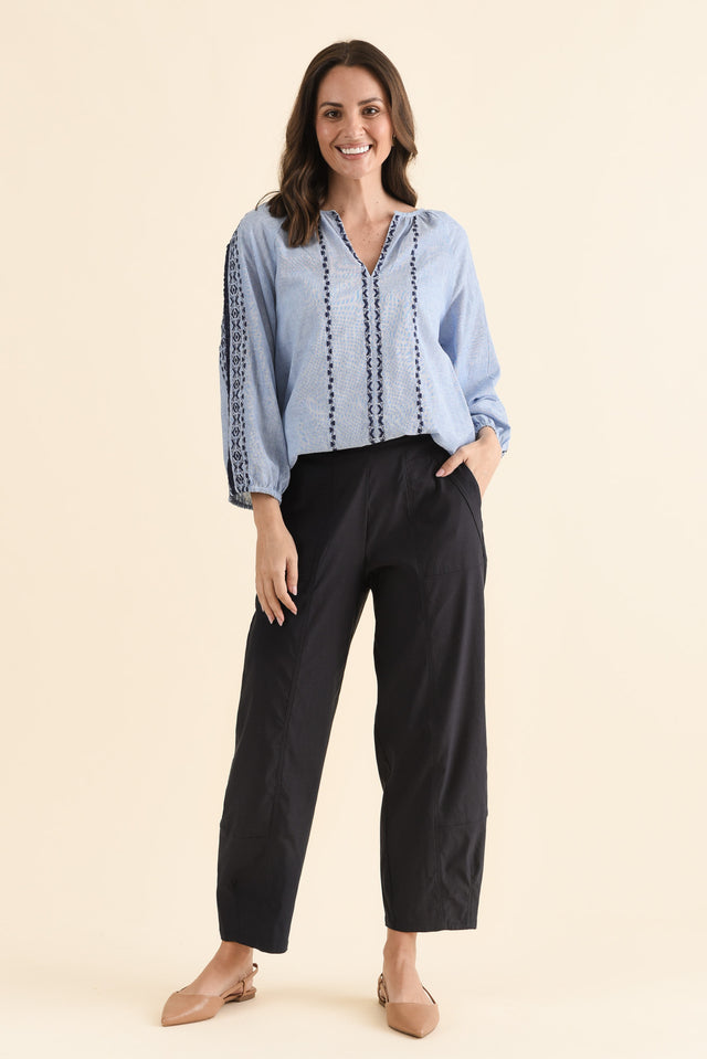 SmartFlex Navy Barrel Pants,Full Body,Brunette model,alt text|model:MJ image 6