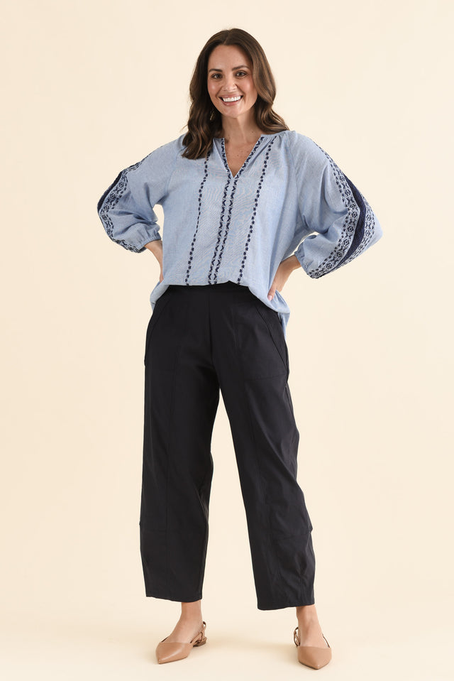 SmartFlex Navy Barrel Pants,Full Body,Brunette model,alt text|model:MJ image 2