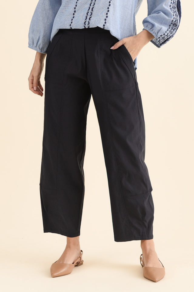 SmartFlex Navy Barrel Pants,Front,Brunette model,alt text|model:MJ image 1