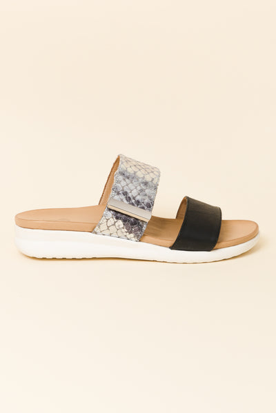 Snap Black Snake Leather Velcro Slide