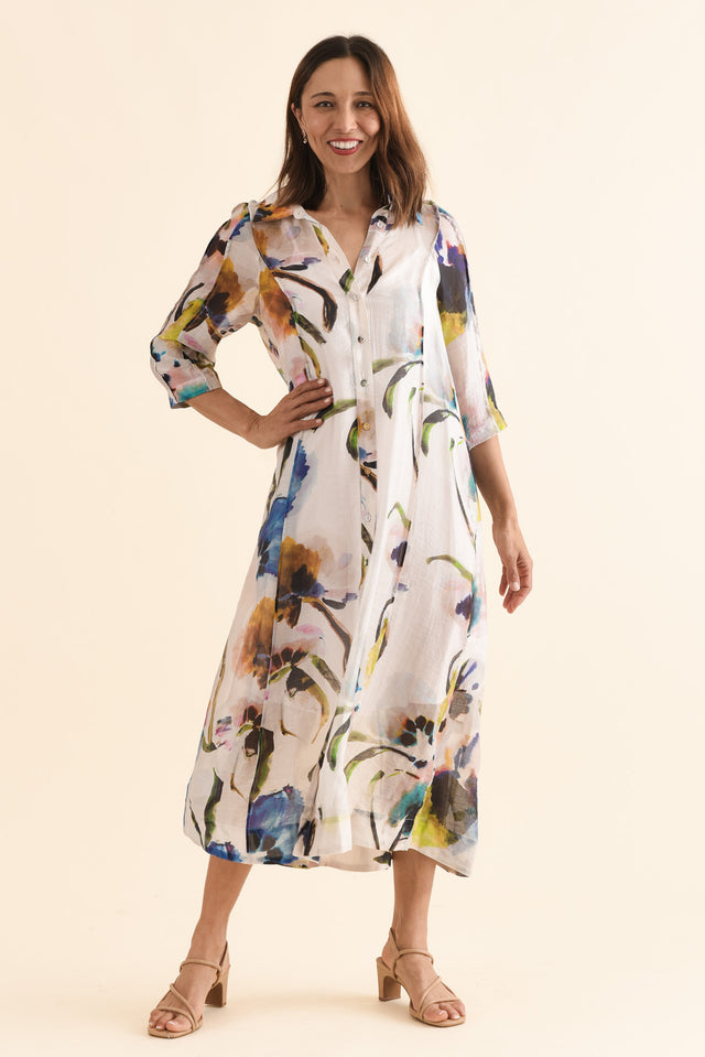 Soiree Blue Floral Shirt Dress,Front,Brunette model,alt text|model:Cara image 1