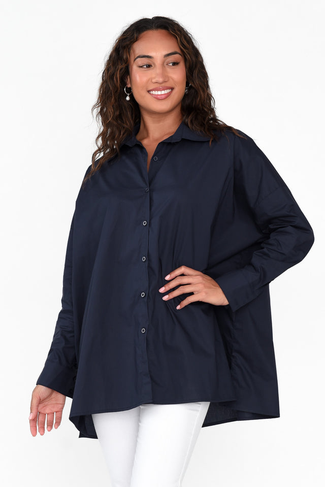Solara Navy Cotton Poplin Shirt neckline_V Neck