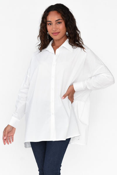 Solara White Cotton Poplin Shirt neckline_High  alt text|model:Demi;wearing:One Size