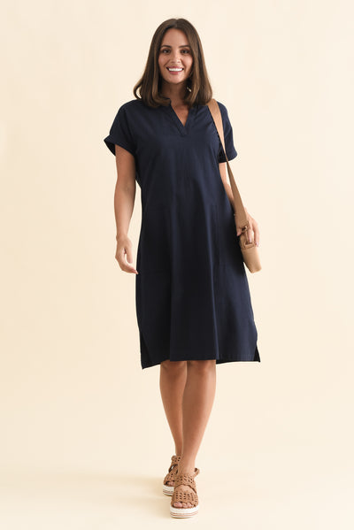 Sommer Navy Cotton Blend V Neck Dress