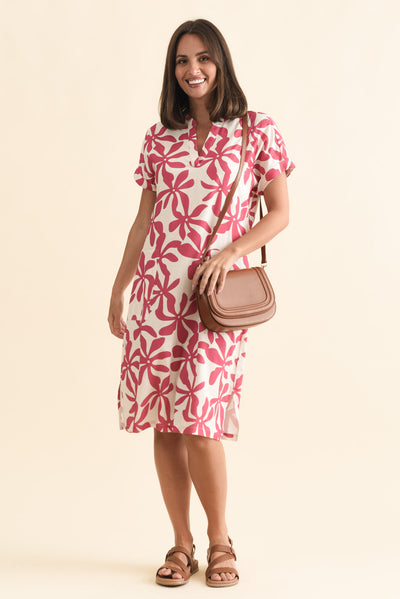 Sommer Red Abstract Cotton Blend V Neck Dress