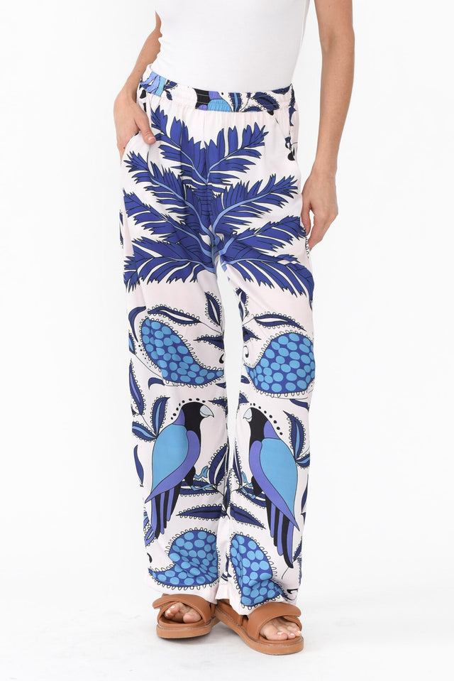 Sona Blue Tropical Wide Leg Pants,Brunette model,alt text|model:Elouise